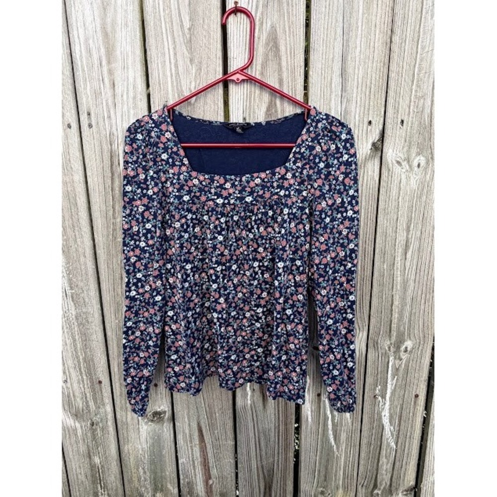 Boho Cottagecore Lucky Brand Floral Top Size S Blue Ditsy Square Neck Peasant